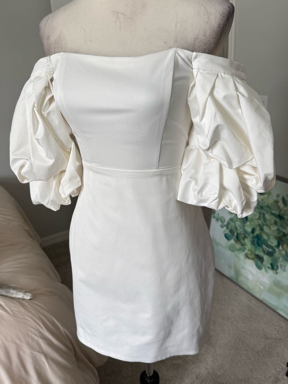 Off-Shoulder Puff Sleeve Mini Dress in White